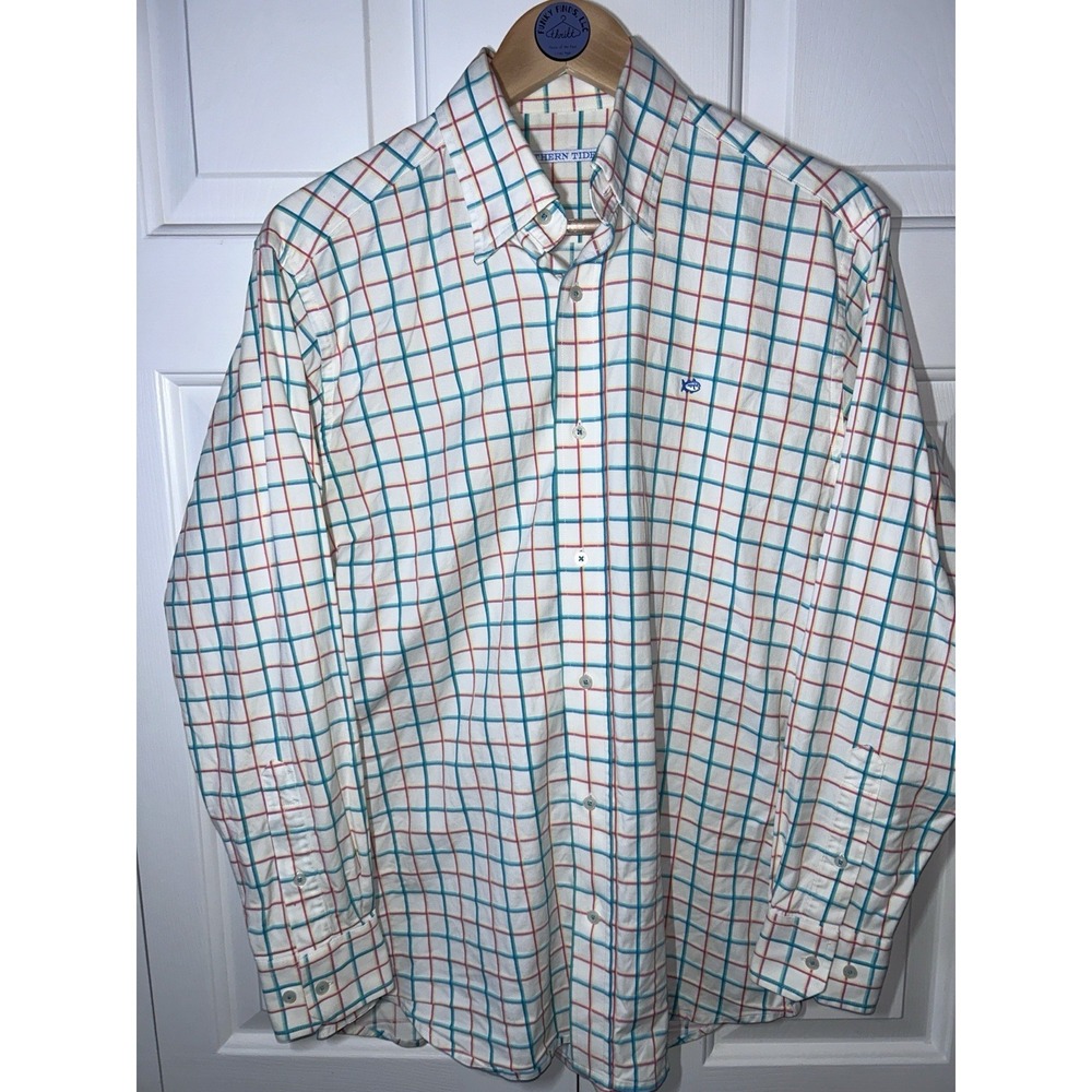 Southern Tide Mens Green & White Plaid Classic Fit‎ Button Up Shirt S
